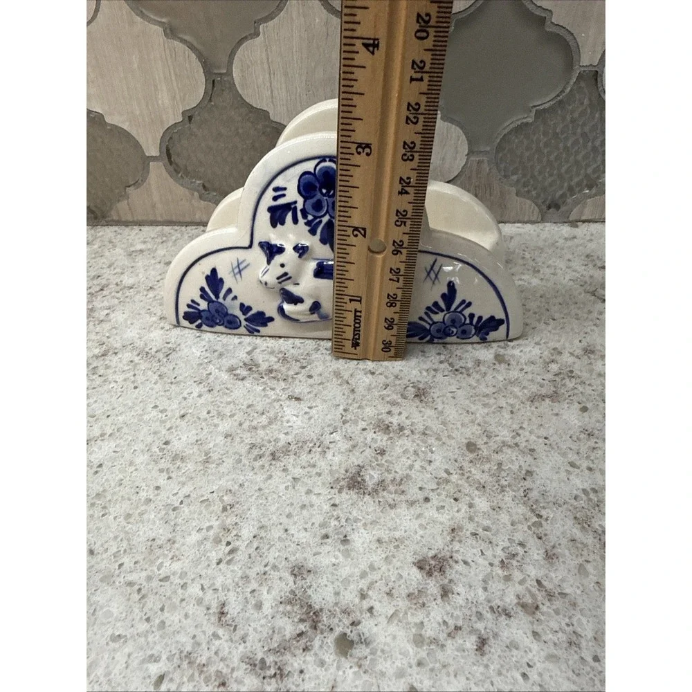 Vintage Delft Blue Hand Painted D.A.L.C. Cow & Flower Napkin Holder
